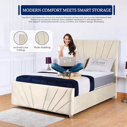 Living Comfort Bedz Bespoke Upholstered Bed Frame with Headboard in Cream Plush Velvet, 200 x 200 cm – 2
