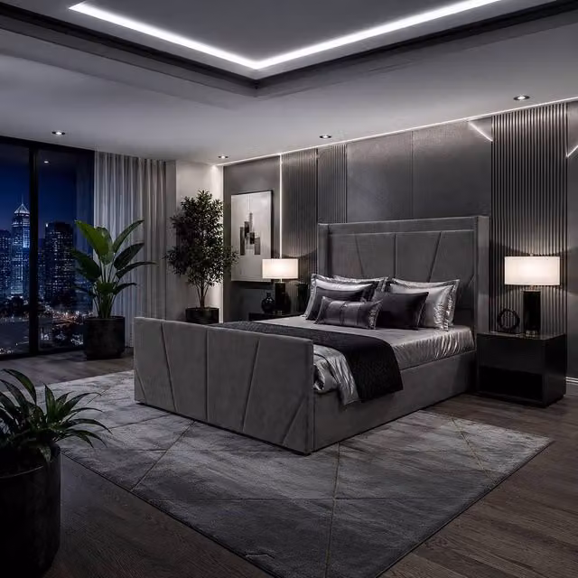 Harmin Sunshine Double Ottoman Storage Bed in Grey Plush Velvet with Winged Headboard and Lift Up Base
