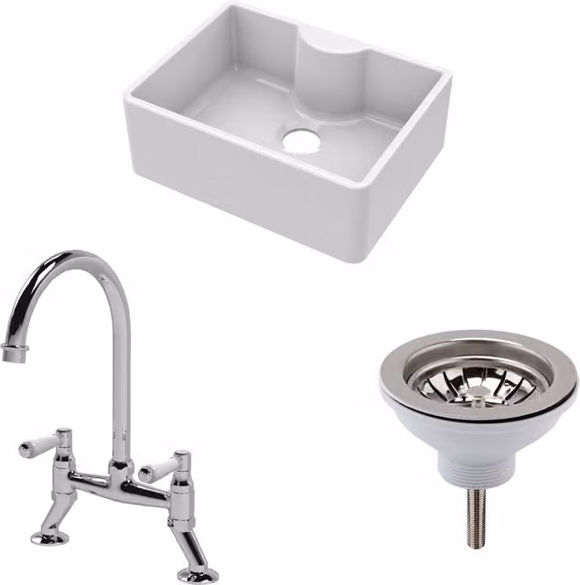 Balterley White Ceramic Butler Sink with Two-Handle Bridge Mixer Tap and Pop-Up Waste in Chrome