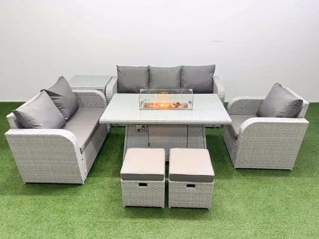 Fimous Patio 8 Seater Grey Rattan Outdoor Furniture Set with U-Shape Sofa, 3 Seater Sofa, Ottoman, and Coffee Table