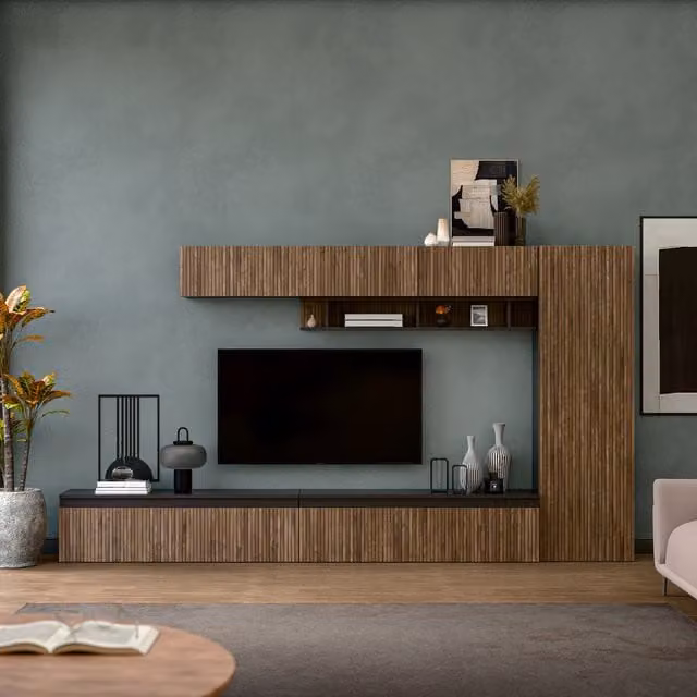 Decorotika Saumur Wall Mounted Entertainment Center in Black and Brown with Geometric Alina Pattern