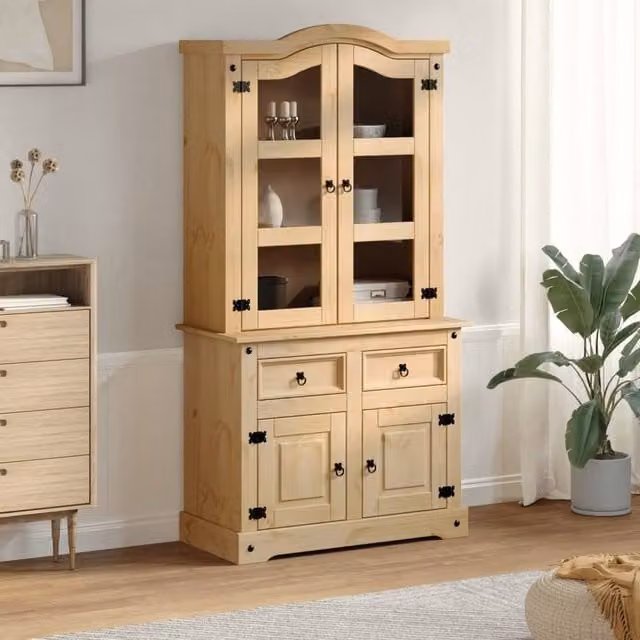Berkfield Home Corona Glass Display Cabinet in Brown Solid Waxed Pine, W/D/H: 100 x 48.5 x 179 cm