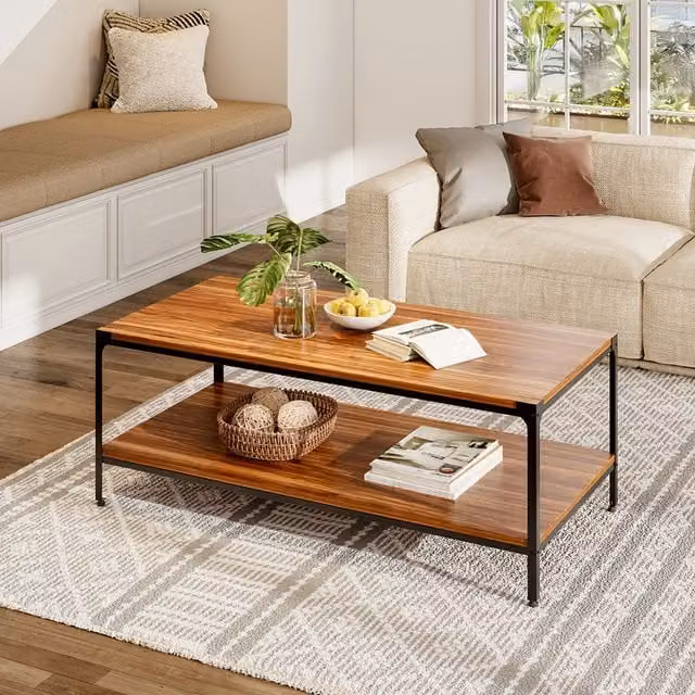 Komore Industrial Rectangular 2-Tier Metal Coffee Table in Brown and Black