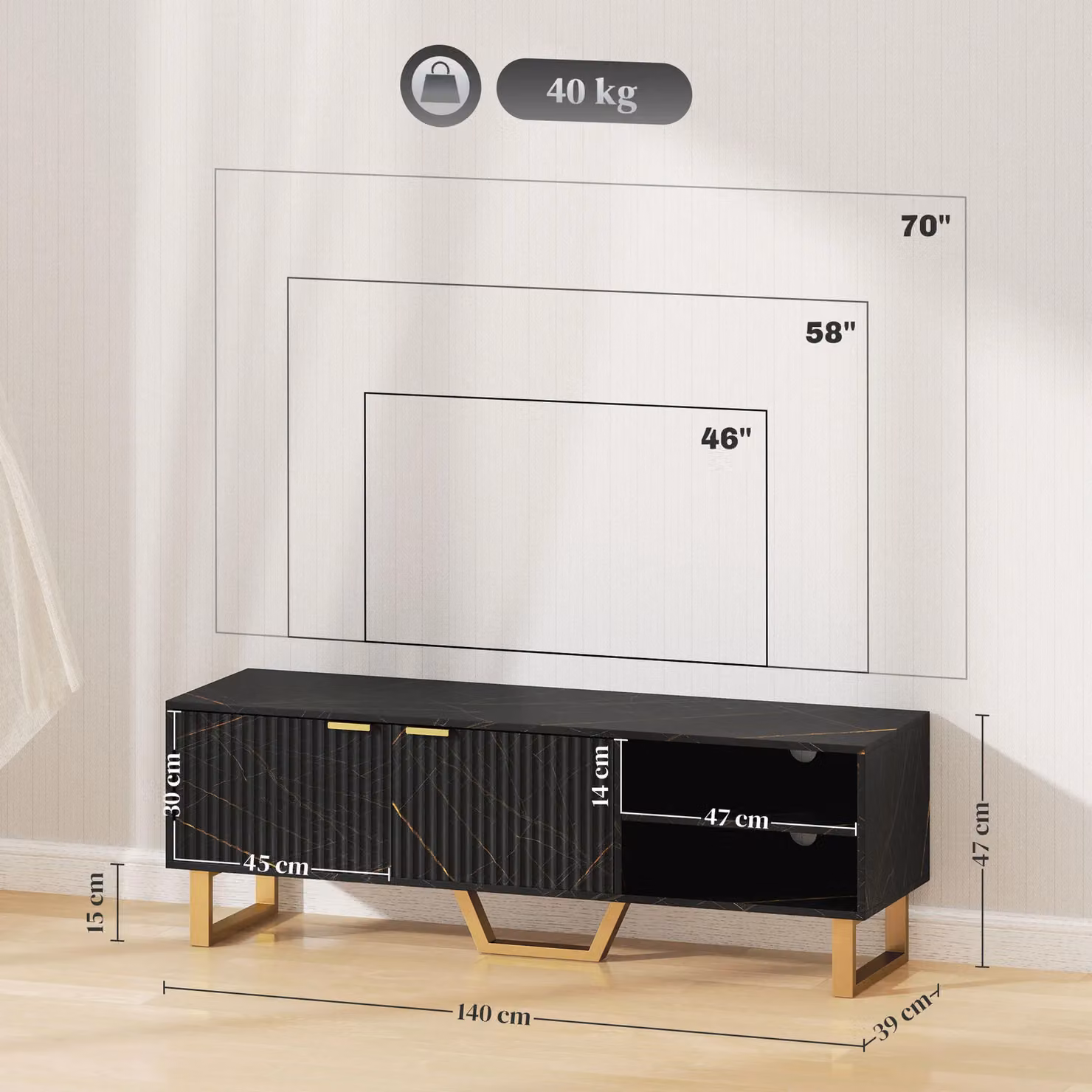 HOMCOM Modern TV Unit and Storage Cabinet with Shelves and Cupboard in Black and Gold – 3