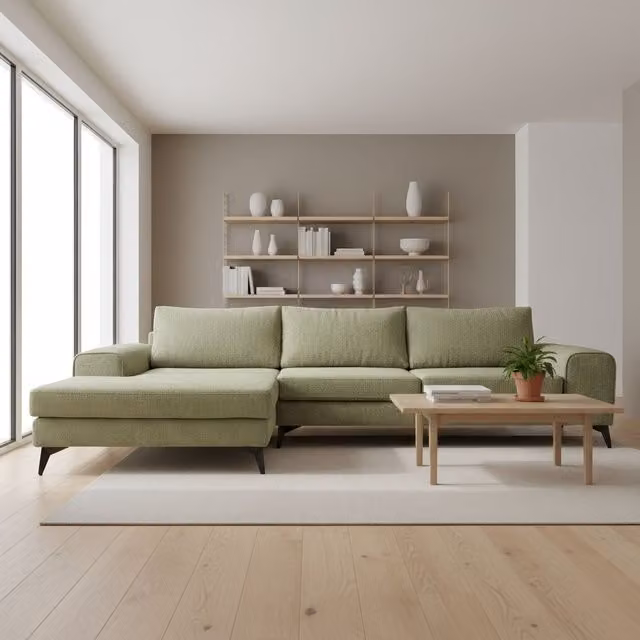 Abakus Direct Venice Left-Facing L-Shape Corner Sofa in Green Fabric with Deep Seats and Extra-Wide Padded Arms – 1