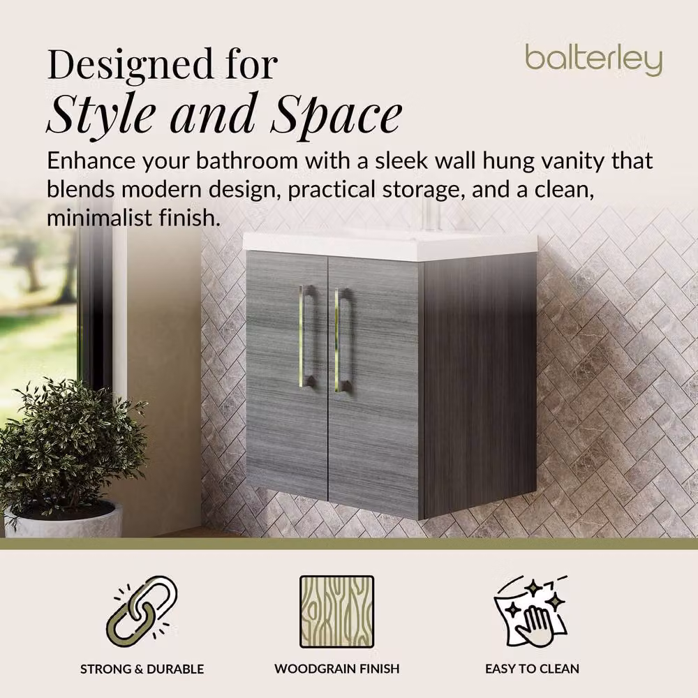 Balterley Contemporary Wall Hung Bathroom Vanity Unit with 2 Soft-Close Doors and Mid-Edge Ceramic Basin, Anthracite Woodgrain Grey, W: 50 cm, D: 57.9 cm, H: 50 cm – 2