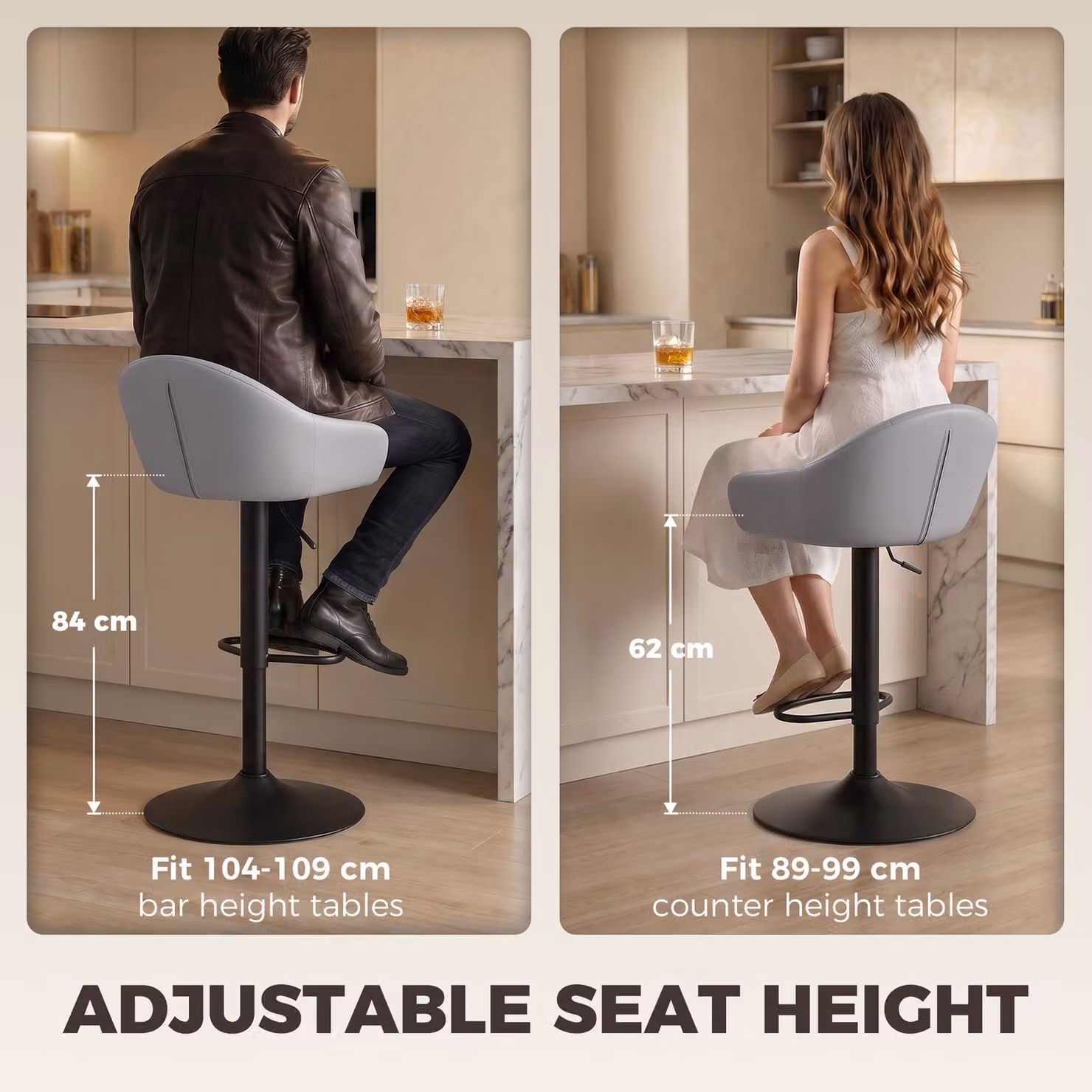 HOMCOM Set of 2 Grey Adjustable Height Bar Stools with Armrests and Backrests – 4