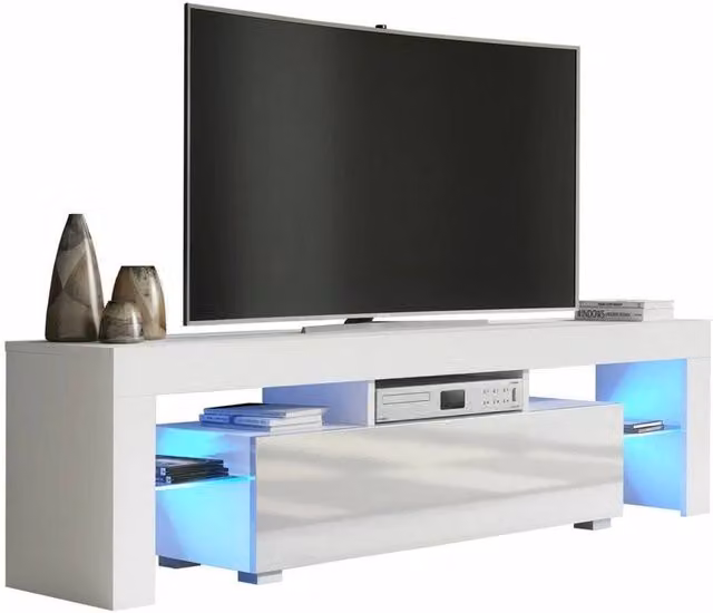 FLAVORA Modern White Matt and High Gloss TV Unit with Integrated Lighting, 160cm