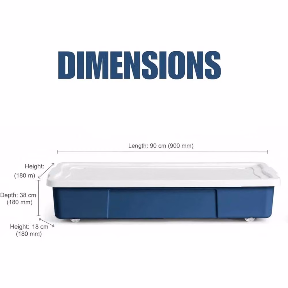FLAVORA Set of 3 Blue Underbed Storage Boxes with Lids and Wheels, 47L each, W/D/H: 50 x 50 x 50 cm – 2