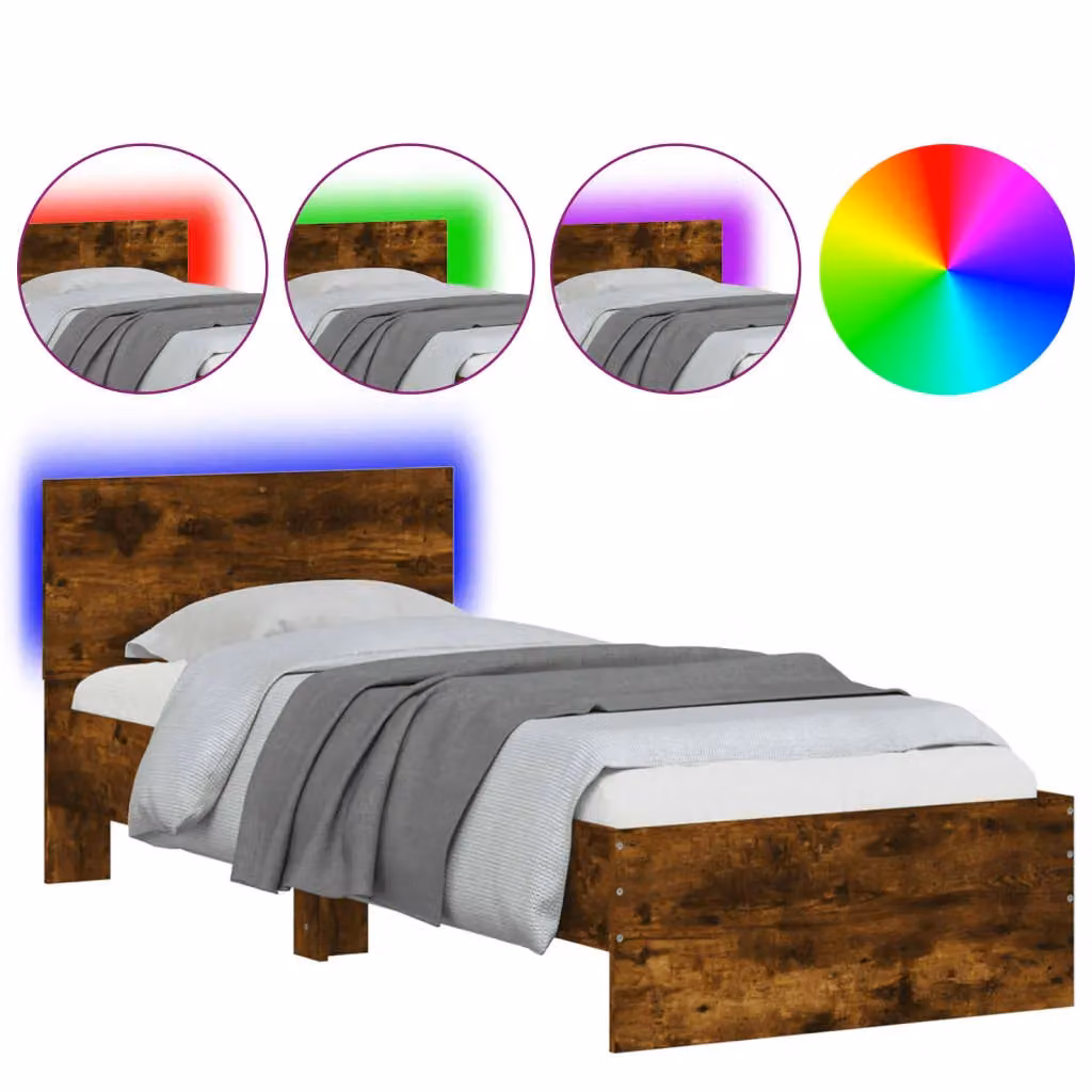 Berkfield Home Modern Bed Frame in Smoked Oak Brown with LED Under-Bed Lighting and USB Charging Port, W/D/H: 90 x 200 cm – 2
