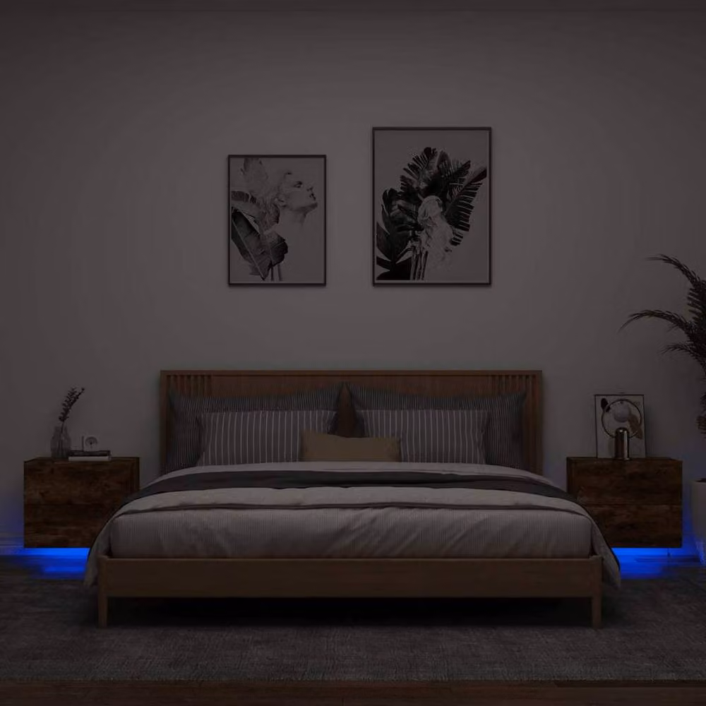 Berkfield Home Set of 2 Wall-mounted Bedside Cabinets with Integrated LED Lights in Smoked Oak Brown, W/D/H: 39 x 41 x 50 cm – 2
