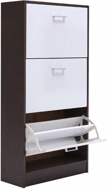 PAWNORA Modern 3 Drawer Brown Shoe Cabinet with Tilting Compartments