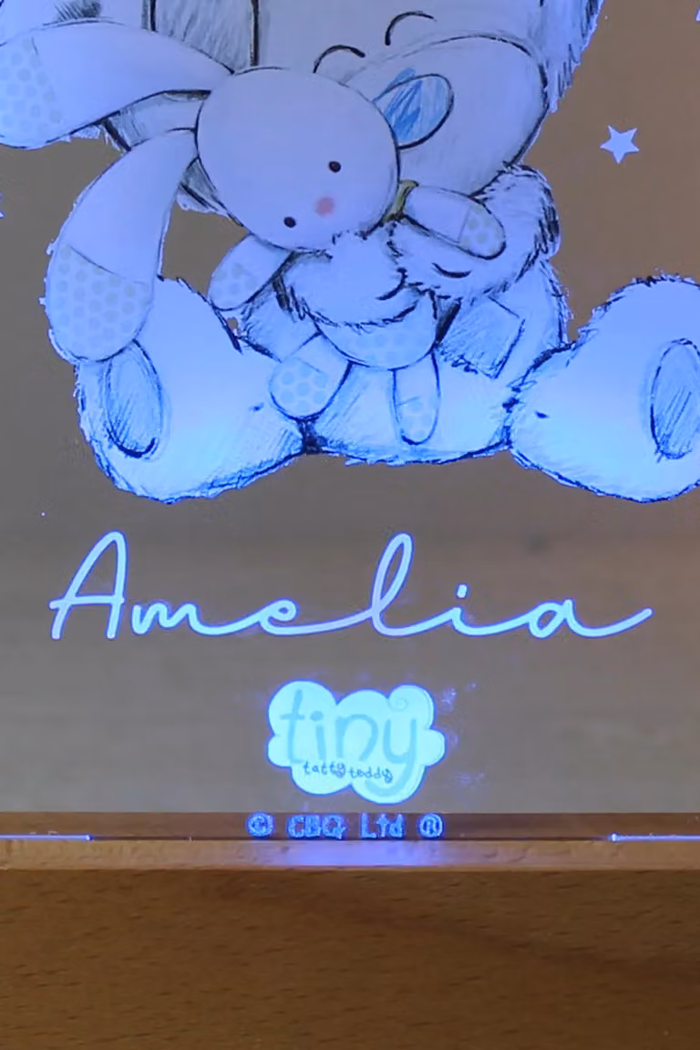 Personalised Memento Company Tiny Tatty Teddy LED Tabletop Light with Wooden Base and Transparent Finish