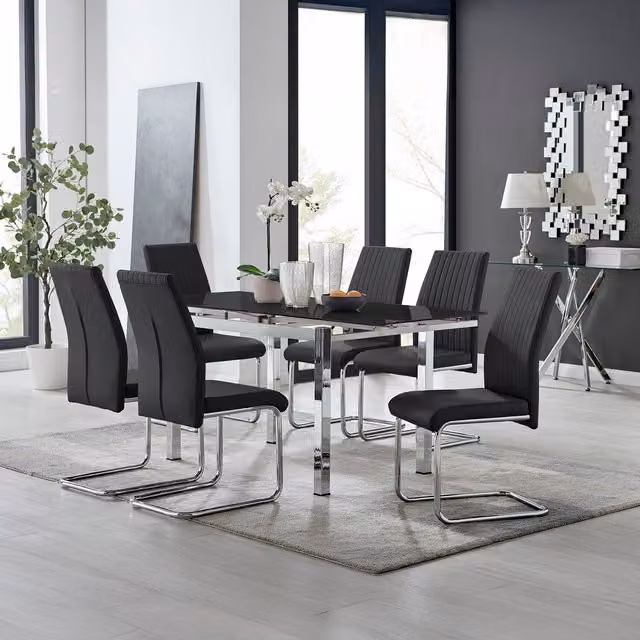 Furniturebox Enna Black Glossy Glass Extending Dining Table and 6 Lorenzo Chairs