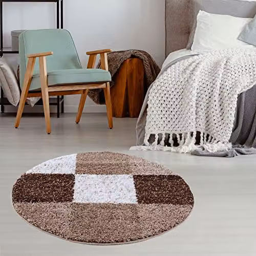 THE RUGS Modern Brown Checked Round Shaggy Area Rug, Diameter: 120 cm – 2