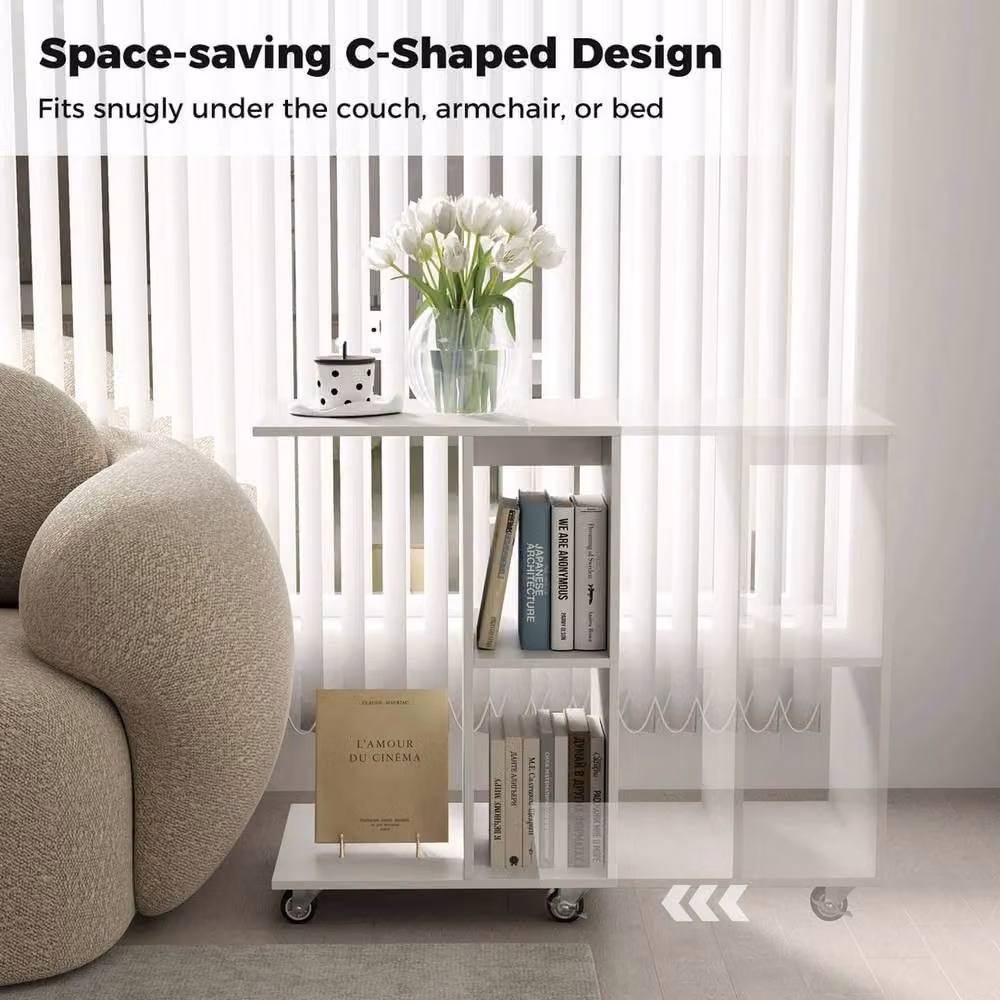 FORGEVIO C-Shaped Mobile Bedside Table in White with Castors for Living Room and Bedroom – 3
