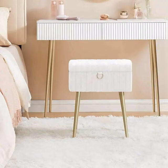 The Bazaarist Upholstered Storage Dressing Stool with Metal Legs in White and Cream