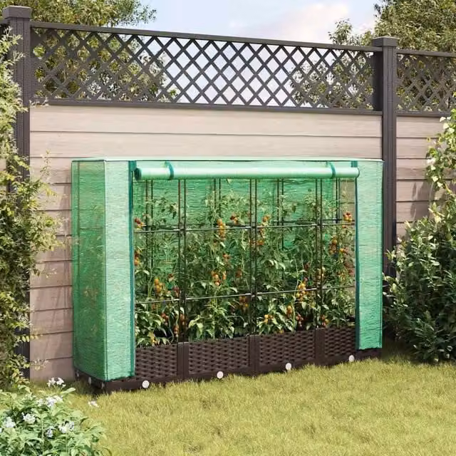 Berkfield Home Raised Bed with Greenhouse Cover in Brown Rattan Look, W/D/H: 160 x 40 x 123 cm
