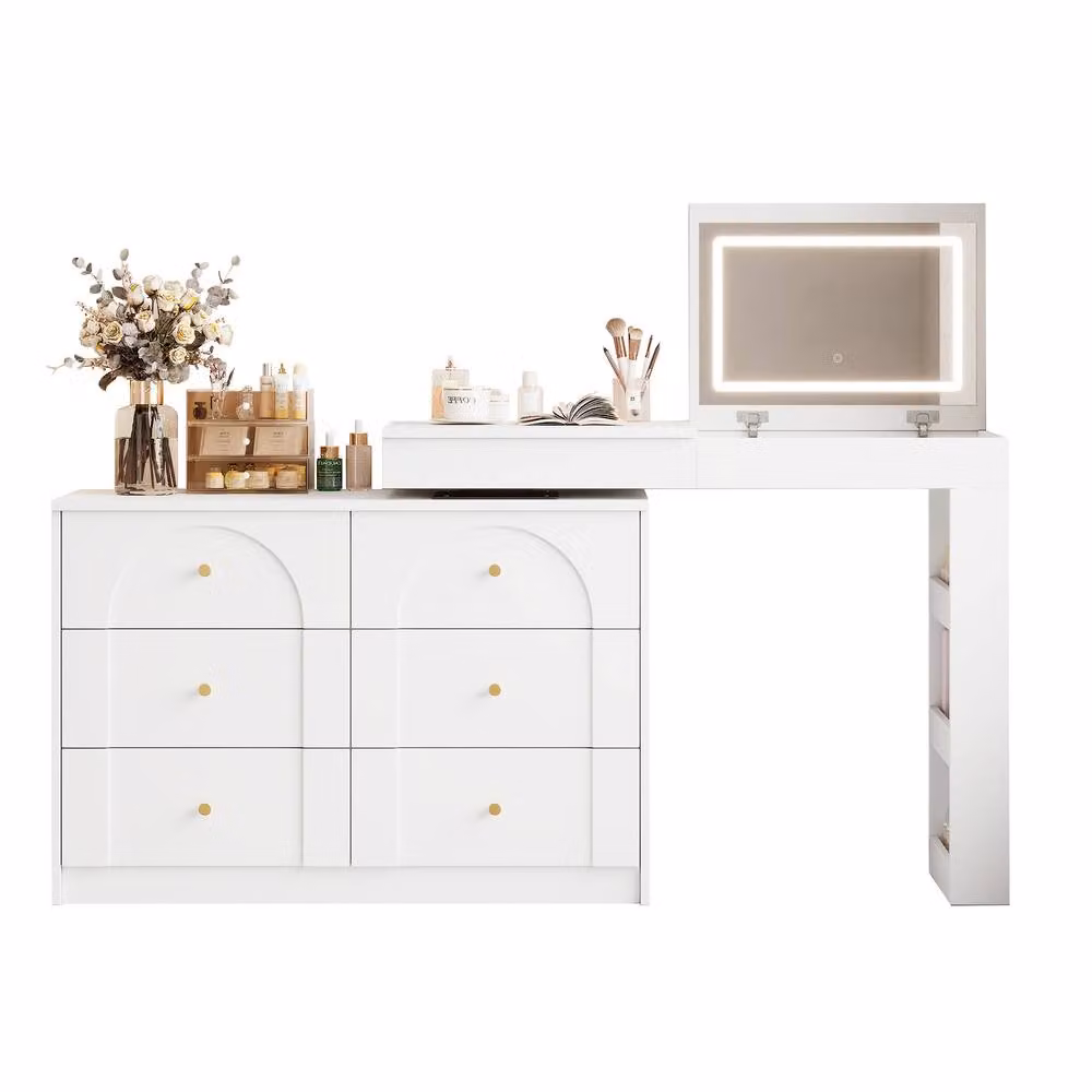BTM L-Shaped Vanity Desk with LED Mirror and 7 Drawers in White – 2