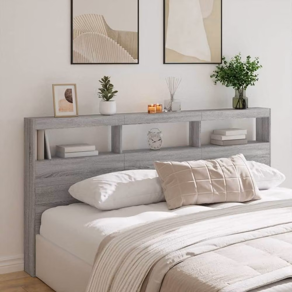 Berkfield Home Modern Wall Mount Headboard Cabinet with LED Lighting and USB Charging Port in Grey Sonoma, W: 200 cm, D: 17 cm, H: 102 cm – 2