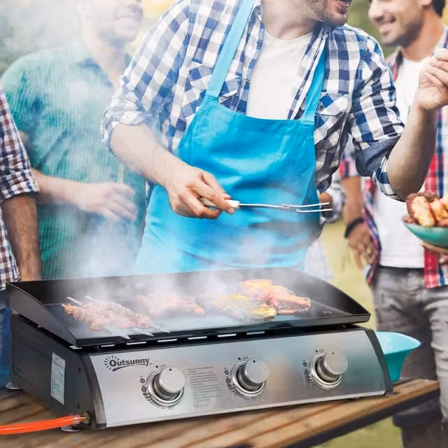 Outsunny Portable Tabletop Gas BBQ Plancha Grill with 3 Burners, Silver