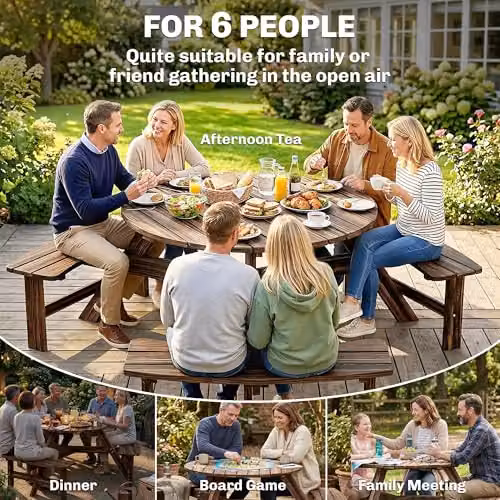 Outsunny 6 Seater Carbonised Wood Garden Dining Set with Table and Benches in Brown – 5
