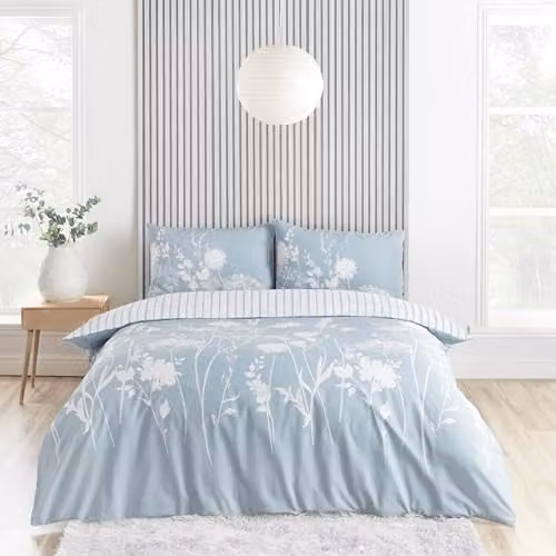 Catherine Lansfield Meadowsweet Floral Reversible Double Duvet Cover and Pillowcase Set in Blue, Duvet Cover 200 x 200 cm, Pillowcase 50 x 75 cm
