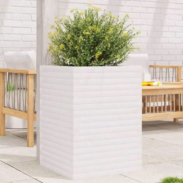 Berkfield Home Beautiful Garden Planter in White, Solid Wood Pine, W/D/H: 50 x 50 x 68.5 cm