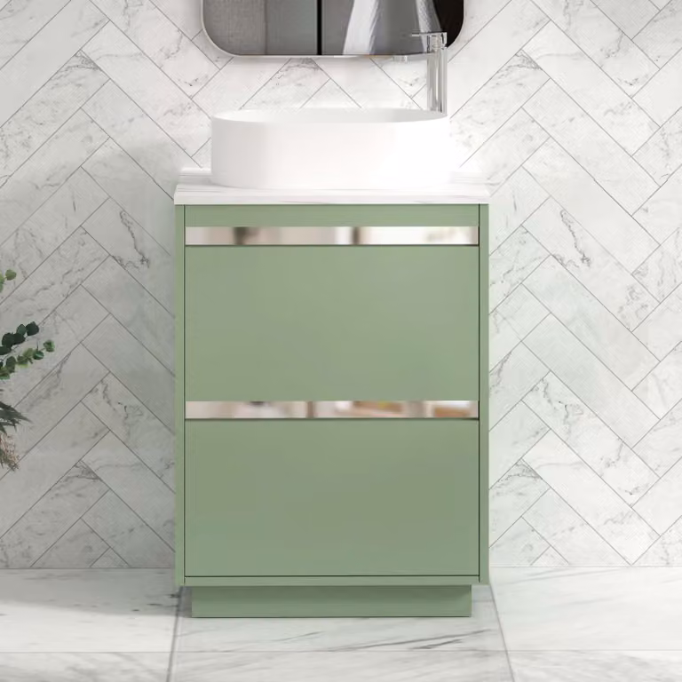 Royal Bathrooms Orion 600mm Mint Sage Floor Standing Countertop Vanity Unit with 2 Drawers, Peak Basin and Chrome Accent Trim