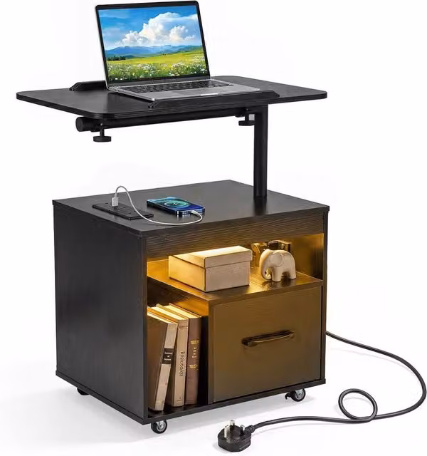 Costway Modern Black Nightstand with Integrated LED Lighting and Charging Station