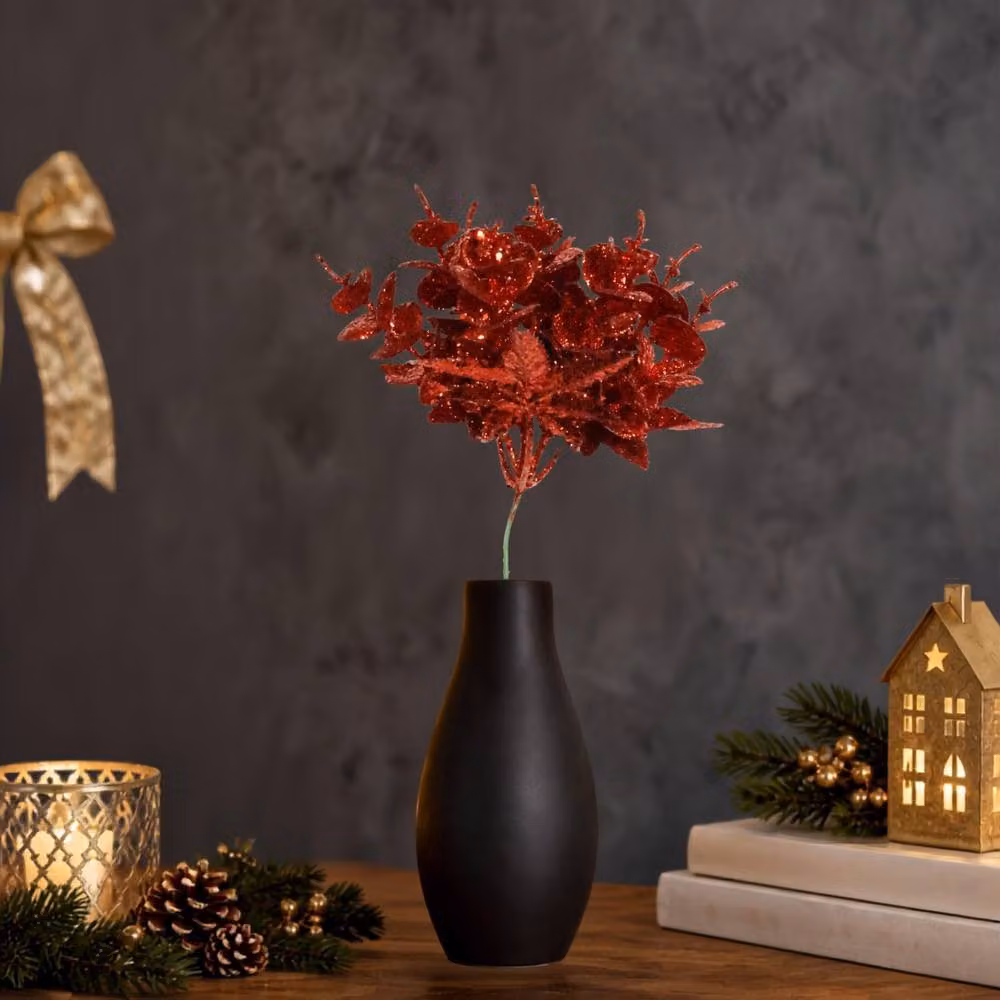 Shatchi Red Glitter Eucalyptus and Maple Leaf Pick, 12 Pack, Height: 17 cm – 2