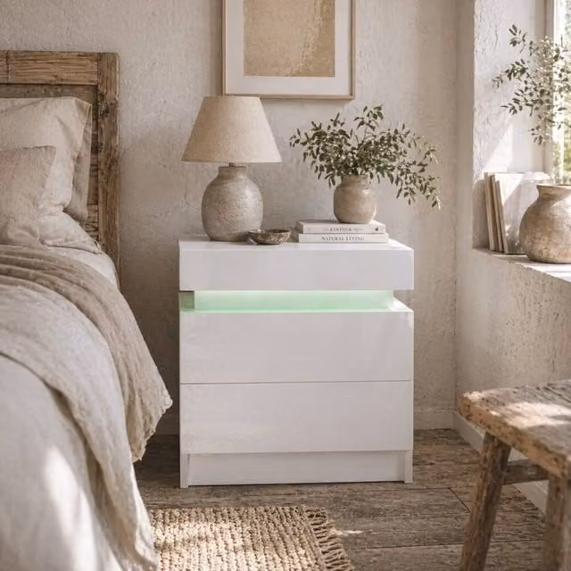 Wyld Haus Rema High Gloss White Bedside Table with 2 Drawers and Integrated LED Lighting W/D/H: 35 x 45 x 52 cm – 1