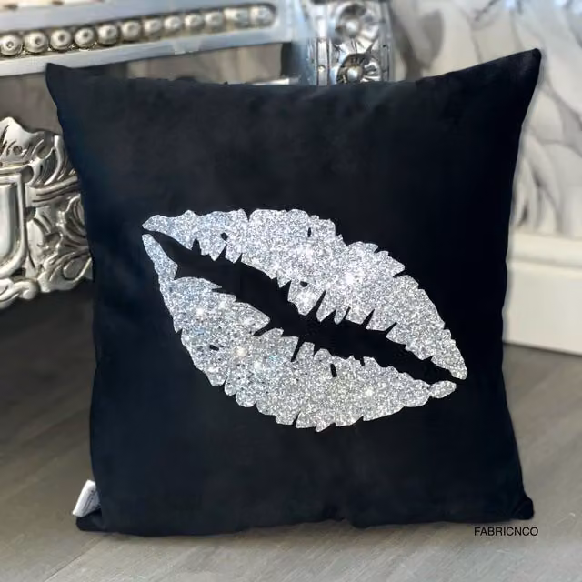 FABRICNCO Black Plush Velvet and Glitter Lips Square Cushion