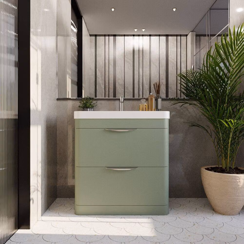 Balterley Wave 800mm Floor Standing 2 Drawer Vanity Unit with Polymarble Basin, Satin Green – 2
