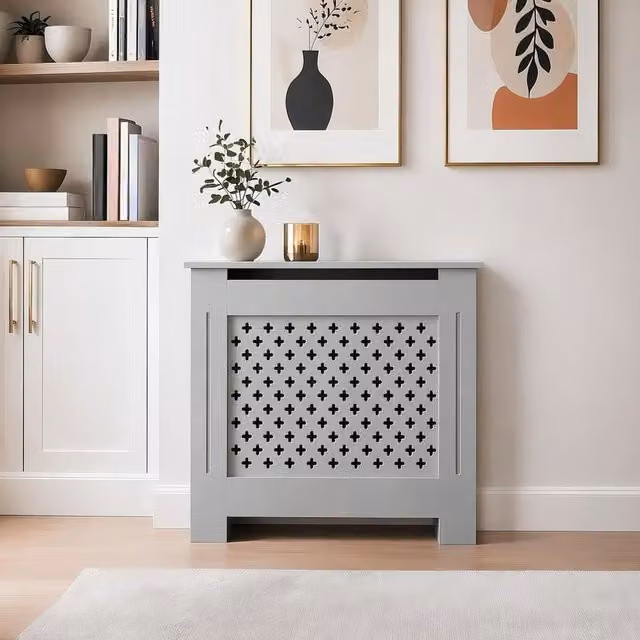 Home Source Medium Radiator Cover in Grey MDF Wood with Modern Geometric Design