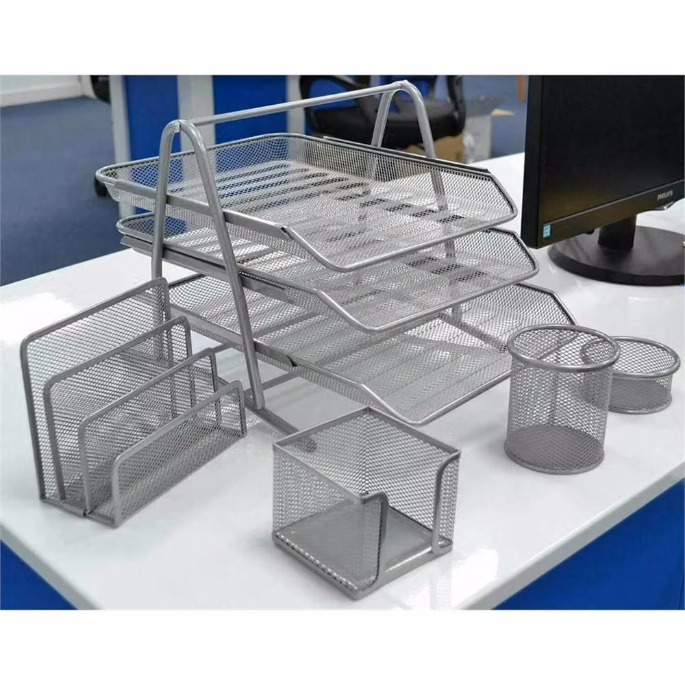 VOGREX Silver Metal Mesh 5 Piece Office Desk Organiser Set with 3 Tier Paper Tray and Pencil Cup – 3