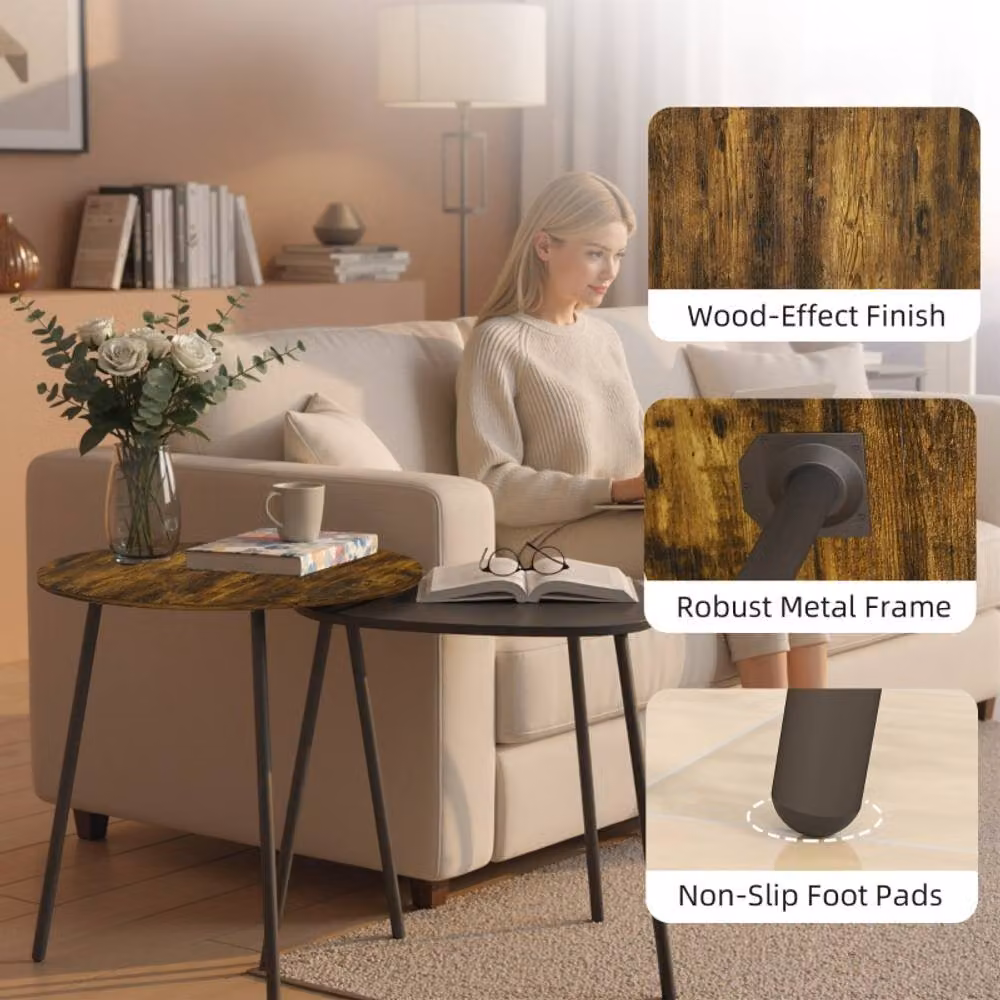 STILVORA Set of 2 Round Nesting Side Tables with Brown Composite Tops and Black Metal Frames – 6