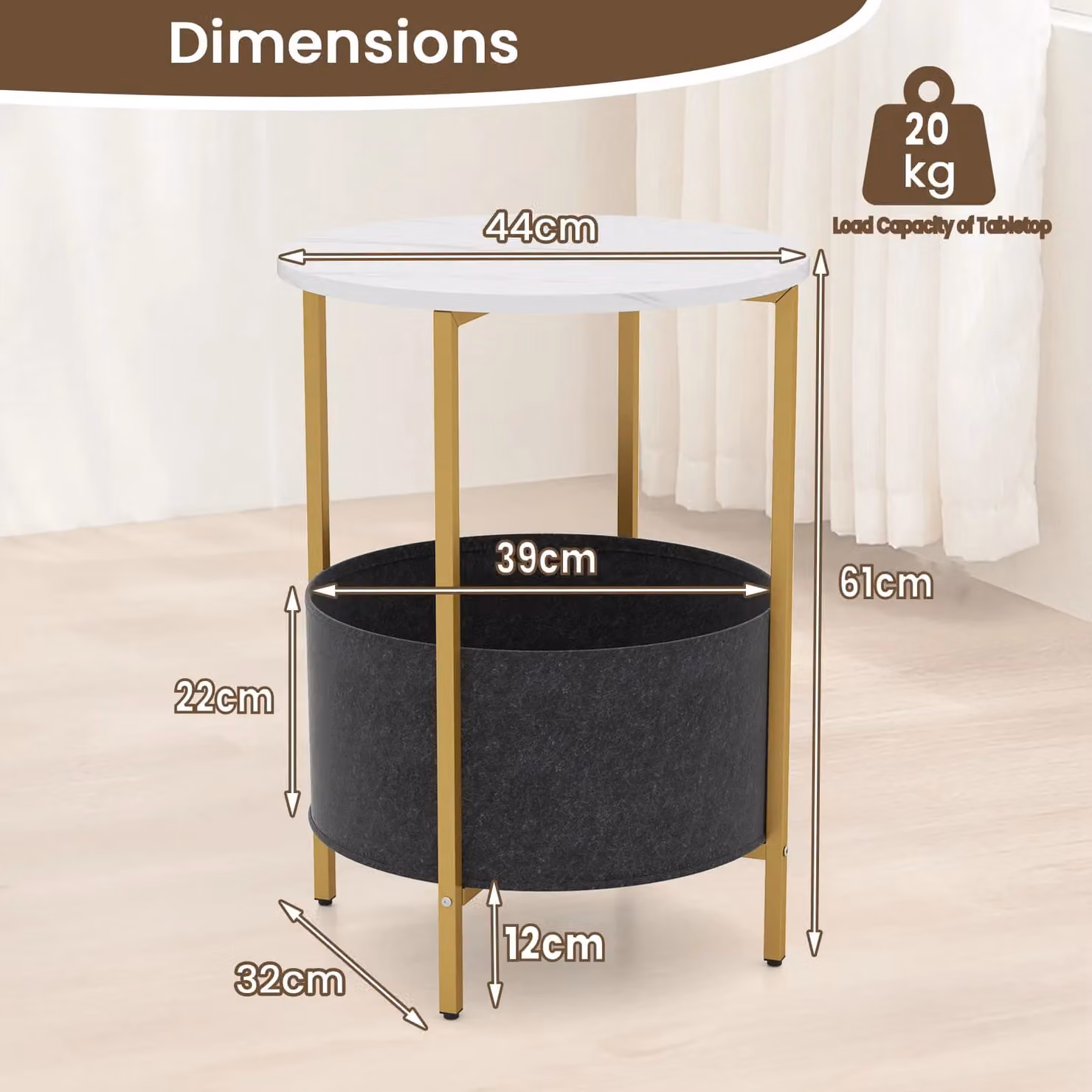 Costway Round 2-Tier End Table with Fabric Basket in White – 2