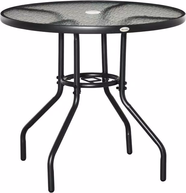 ERGOVEXA Round Glass Garden Dining Table with Parasol Hole, Black, Diameter: 80 cm, Height: 72 cm – 1