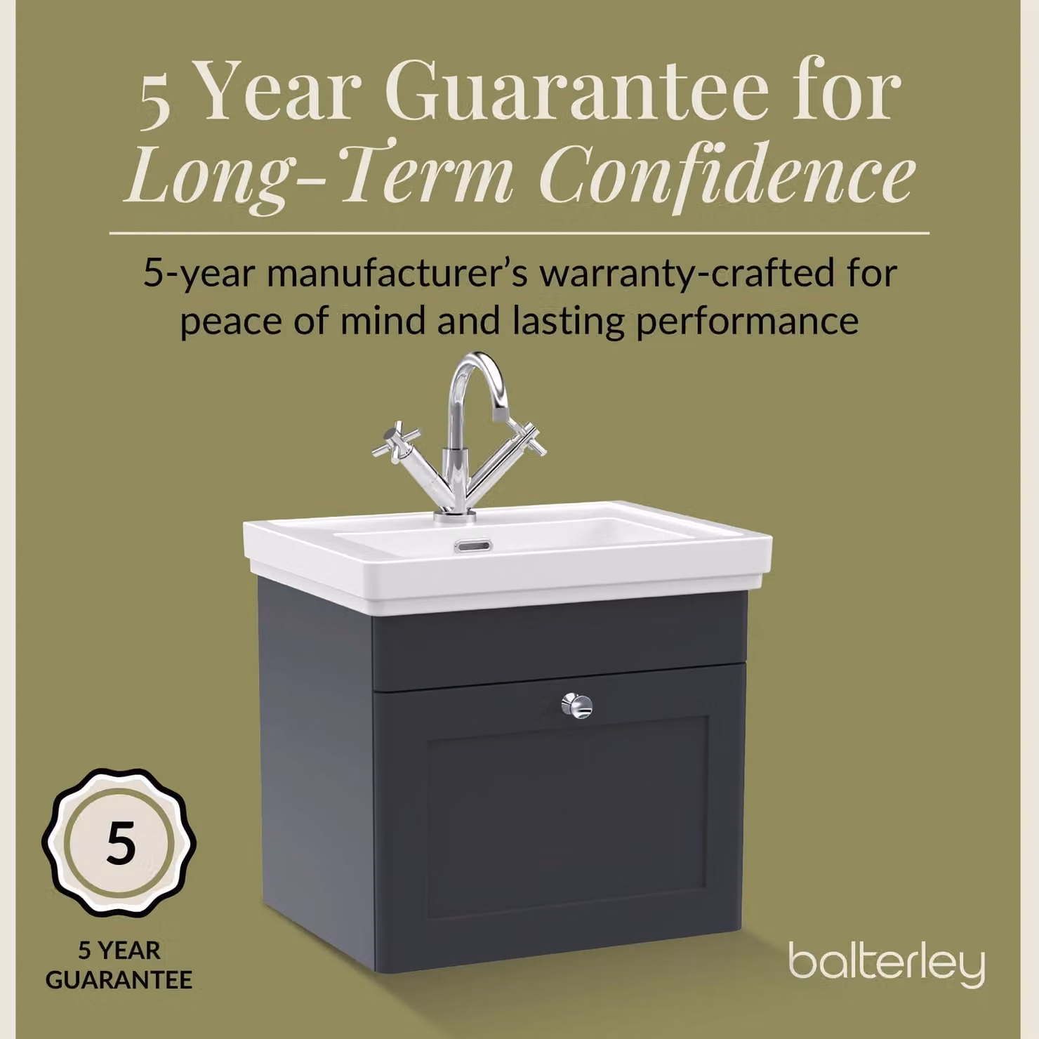 Balterley Wall Hung 1-Drawer Bathroom Vanity Unit and Fireclay Basin, Grey, W: 50 cm – 4