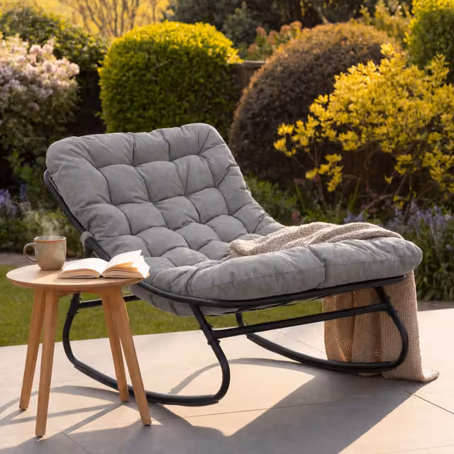 Solace Modern Metal Outdoor Rocking Chair in Grey and Black, H 101.0 x W 78.0 x D 74.0 cm