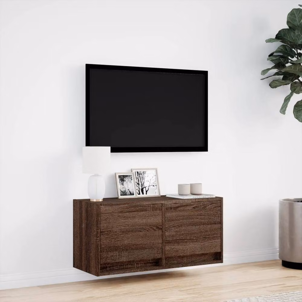 Berkfield Home Modern Wall Mounted TV Cabinet with LED Lights in Brown Oak, W/D/H: 80 x 31 x 35 cm – 3