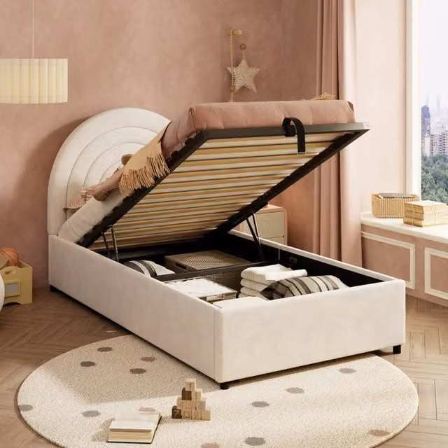 Rolipo Beige Velvet Upholstered Single Bed with Hydraulic Storage W/D/H: 90 x 190 cm – 1