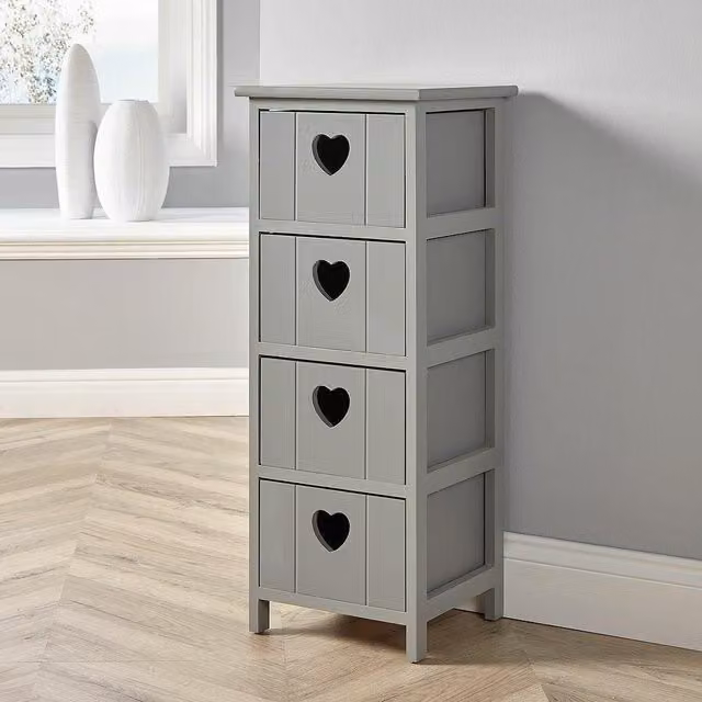 Home Source Wooden 3/4 Drawer Chest Storage Organiser with Love Hearts in Grey and White