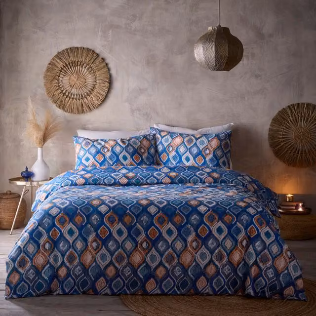 Portfolio Home Tangiers Geometric Blue Duvet Cover and Pillowcase Set, Super King