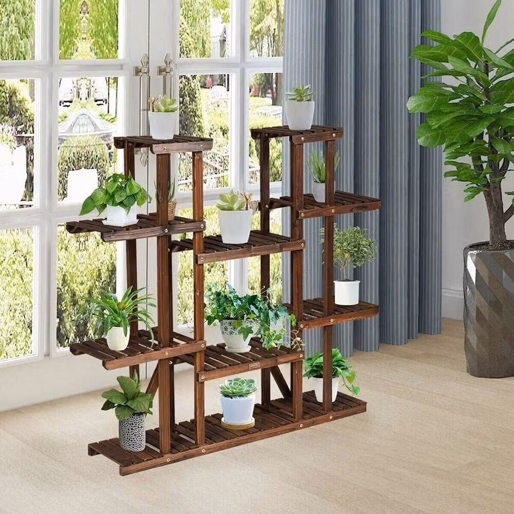 ERGOVEXA 11-Pot Wooden Tall Tiered Plant Stand in Brown – 3