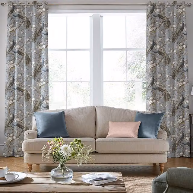 Laura Ashley Belvedere Made to Measure Velvet Floral Eyelet Curtain Panel in Chalk Blue