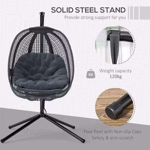 Outsunny Modern Egg Swing Chair with Padded Cushions and Cup Holder in Grey – 3