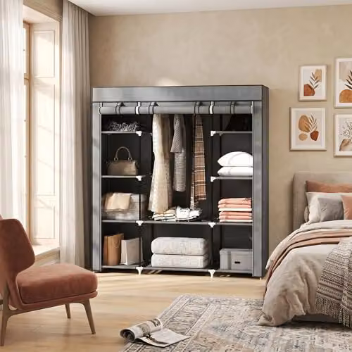 HOMCOM Portable Foldable Wardrobe with Hanging Rod and Internal Shelves, Grey, W/D/H: 150 x 43 x 162.5 cm – 6