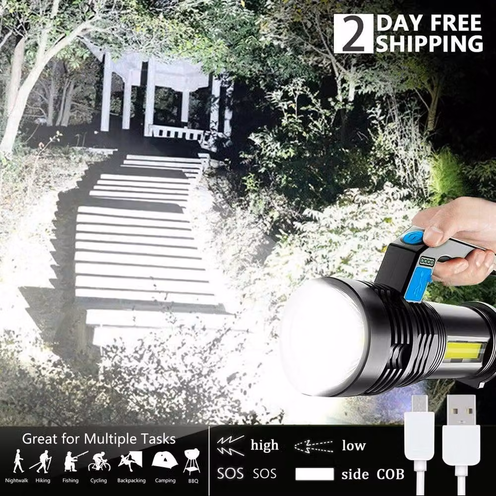 FLAVORA Super Bright Tactical LED Torch, USB Rechargeable Aluminium Flashlight in Black – 6